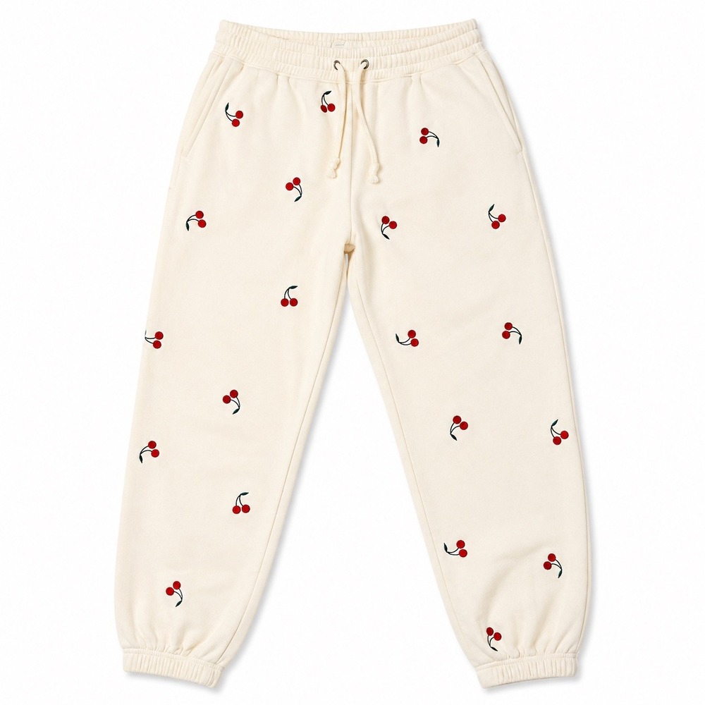 Pink Rose Cream Cherry Embroidered Joggers Sweatpants Large
